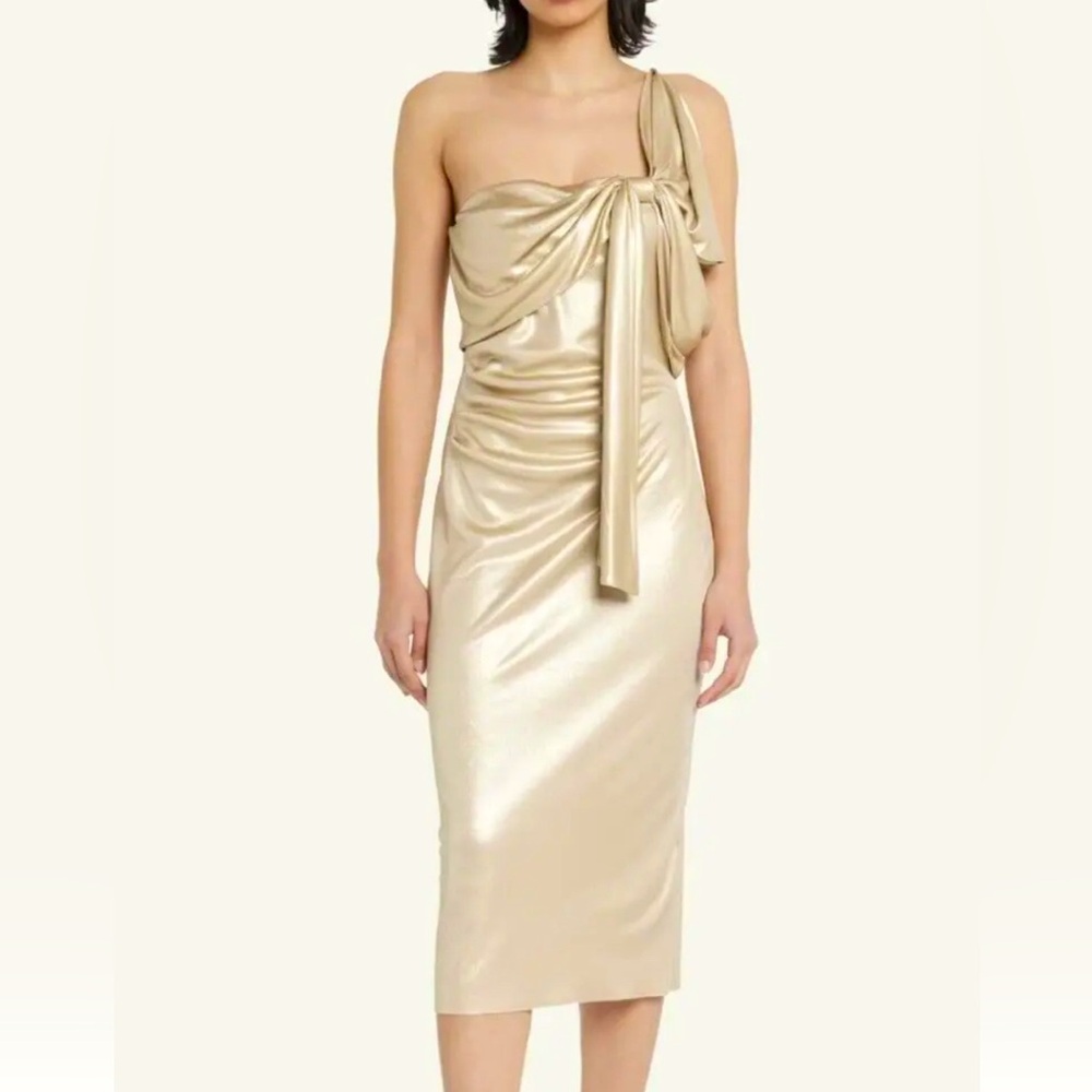 Chiara Boni La Petite Robe Teresa one shoulder draped midi light‎ gold 42/US4
